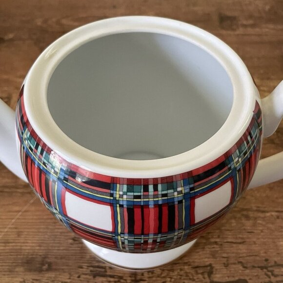 Willams Sonoma Stuart Dress Tartan Teapot White Red Gold Holiday 4 Cup Japan - Picture 12 of 14